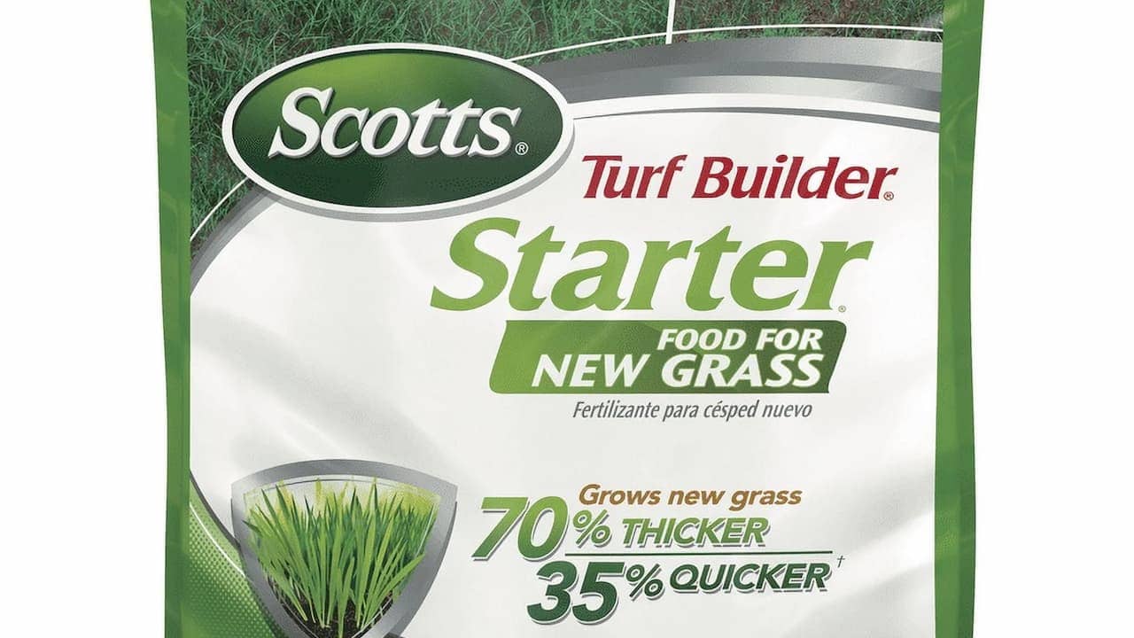 A green and yellow bag of Scotts Turf Builder Starter Food displayed upright on grass