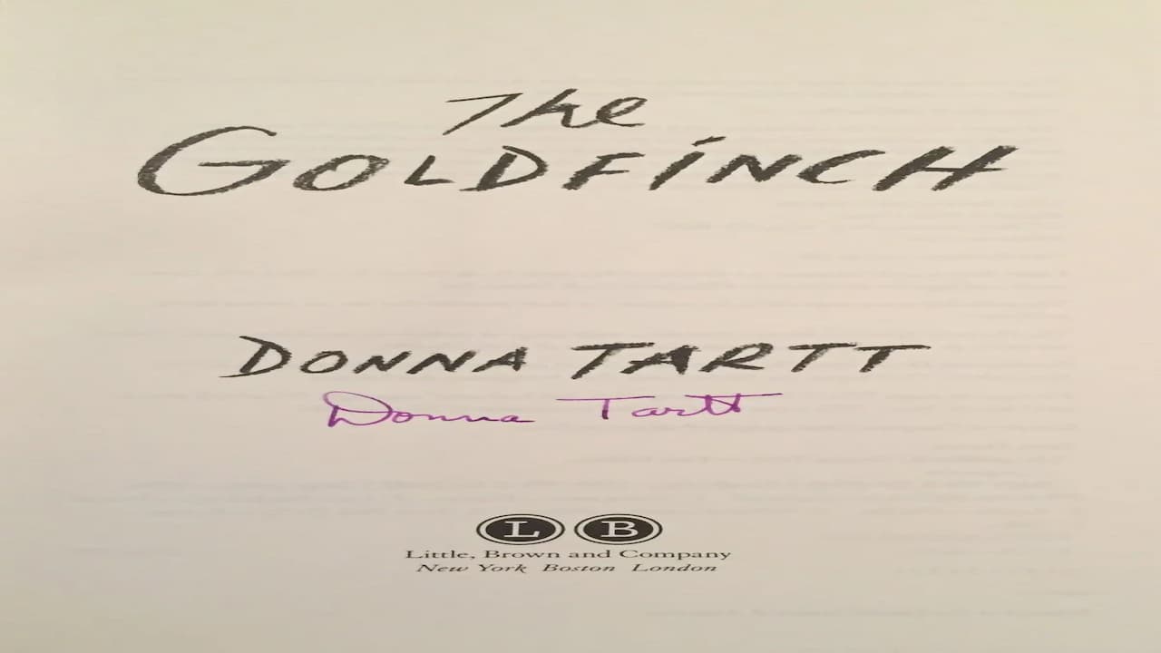 Title page of "The Goldfinch" by Donna Tartt with author's signature in purple ink, Little Brown publisher logo