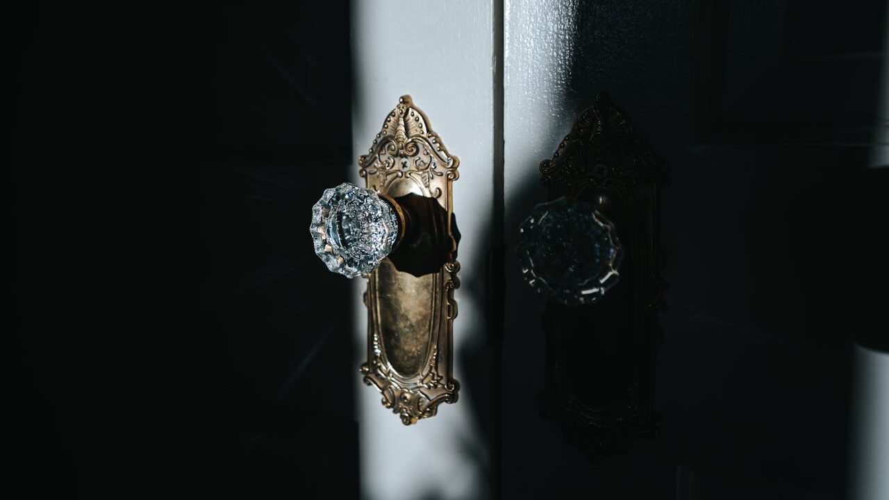 a vintage doorknob with decorative design on a dark wooden door