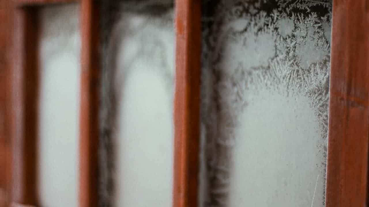 Frosted glass window panes with wooden frame muntins creating geometric grid pattern, showing textured translucent glass surface