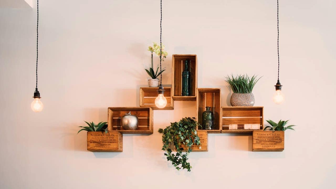 Wooden pallet mounted on wall, holding potted plants, tools slid between pallet slats, plants placed decoratively on top, space-saving, organized, eco-friendly DIY garden storage