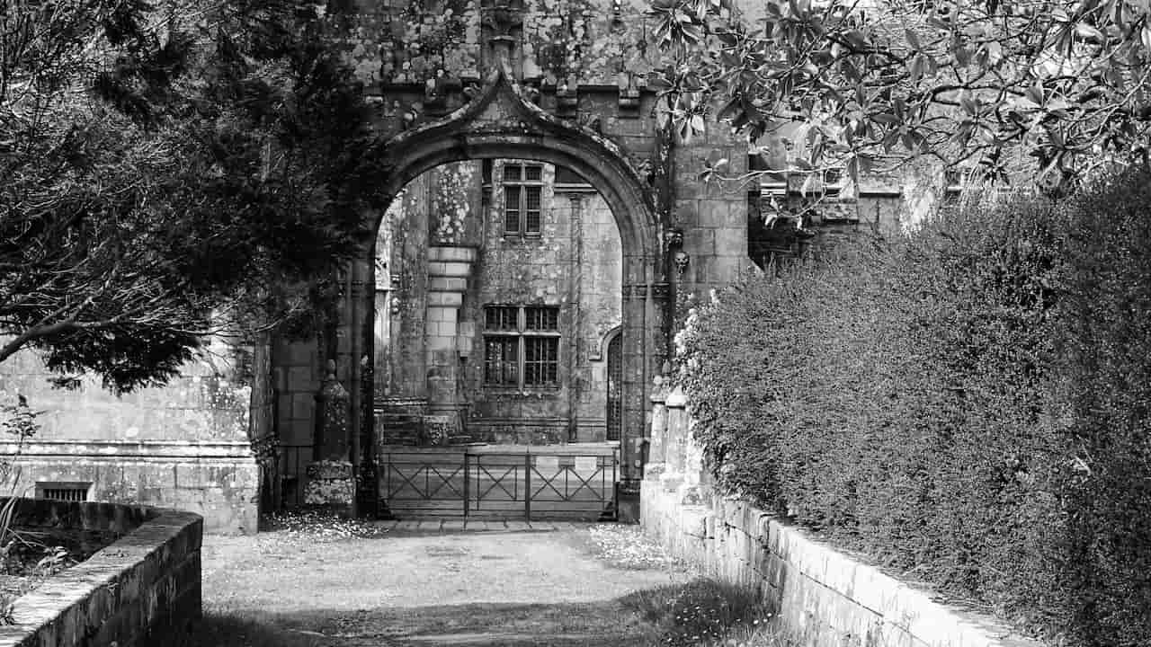 Black and white photo of a vintage garden gate with ornate metalwork and aged texture, partially open