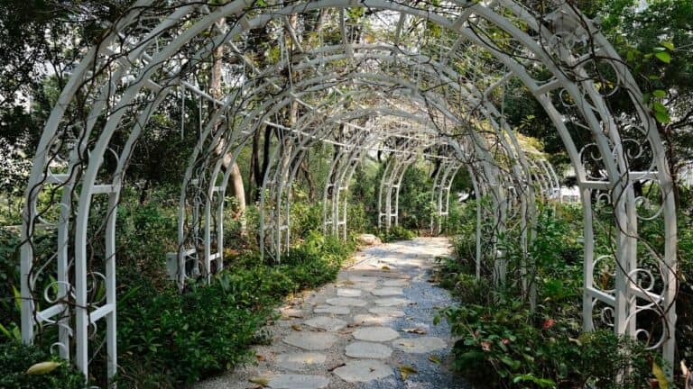 White metal garden arch tunnel with decorative scrollwork creating covered walkway over stone path through lush garden