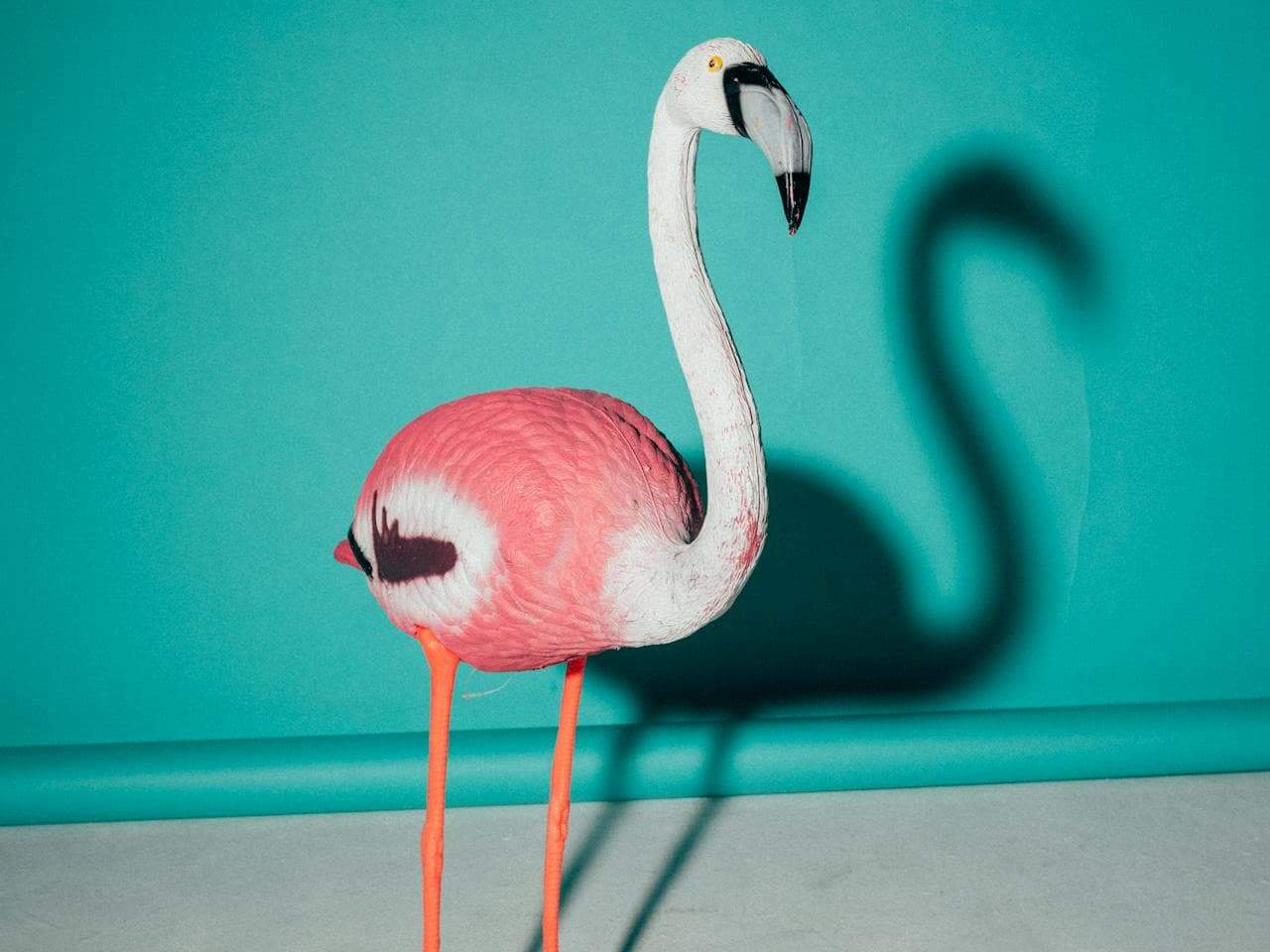 Plastic flamingo figure with long legs and curved neck casting shadow on turquoise backdrop