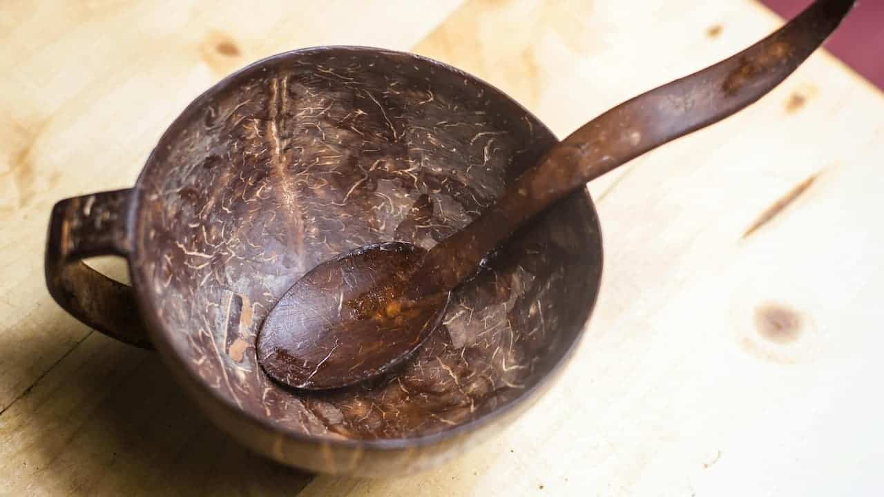 Dark brown coconut shell bowl with a matching coconut shell spoon inside, placed on a light wooden surface