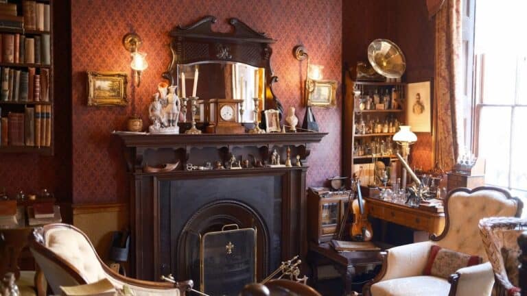 Victorian parlor with ornate fireplace, red damask wallpaper, antique furniture, violin, scientific instruments, books, and period decorations