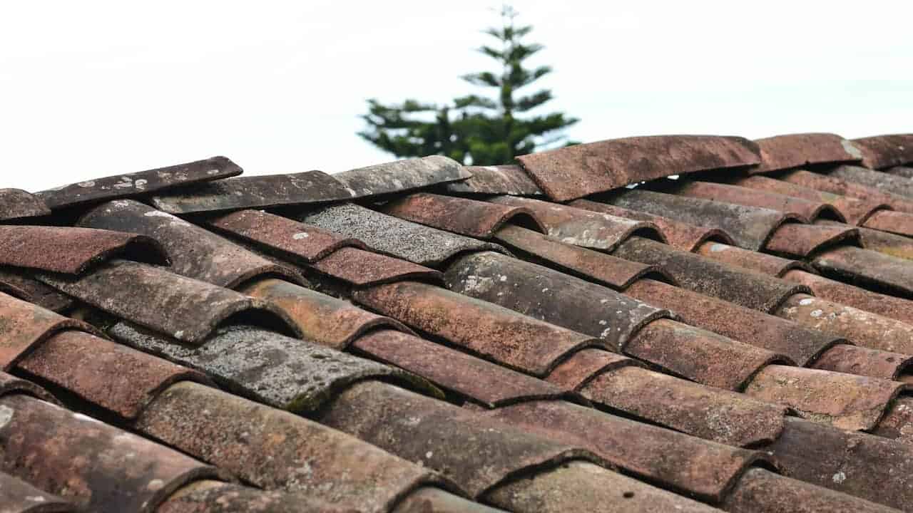Weathered clay roof tiles with visible moss and a few loose or misaligned shingles