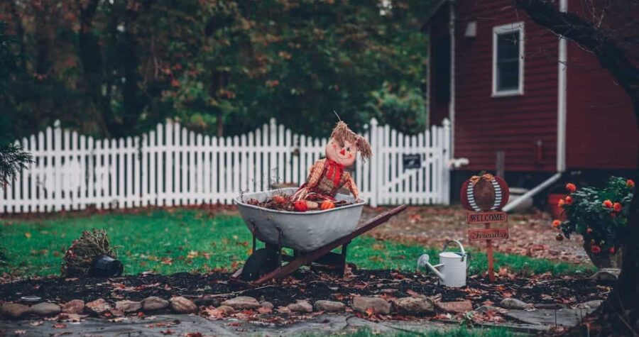 Autumn scarecrow decoration sitting in old wheelbarrow on stone path near red barn with white picket fence