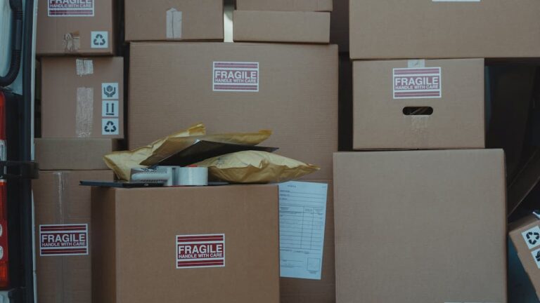 Stacked cardboard moving boxes labeled "FRAGILE HANDLE WITH CARE" with packing materials and documents scattered around