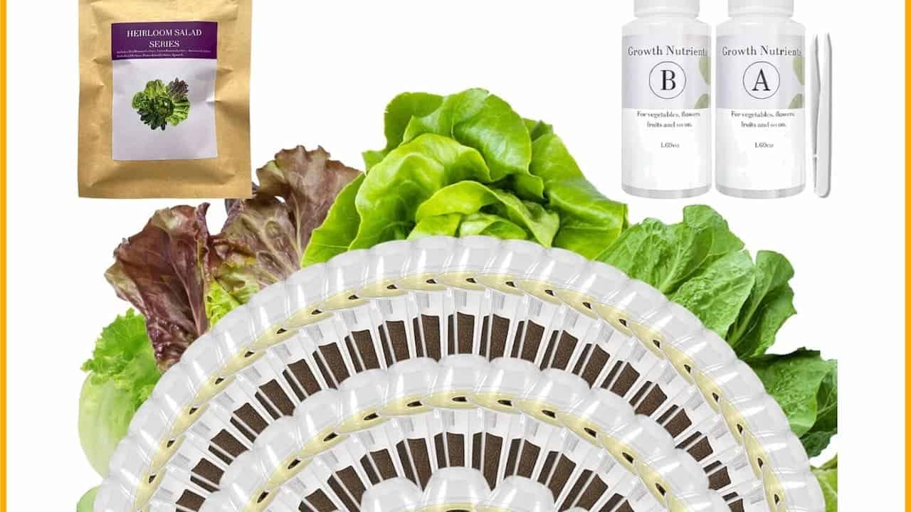 Hydroponic gardening kit with heirloom salad seeds, nutrient bottles labeled A and B, tweezers, and multiple plant pods arranged in circular trays