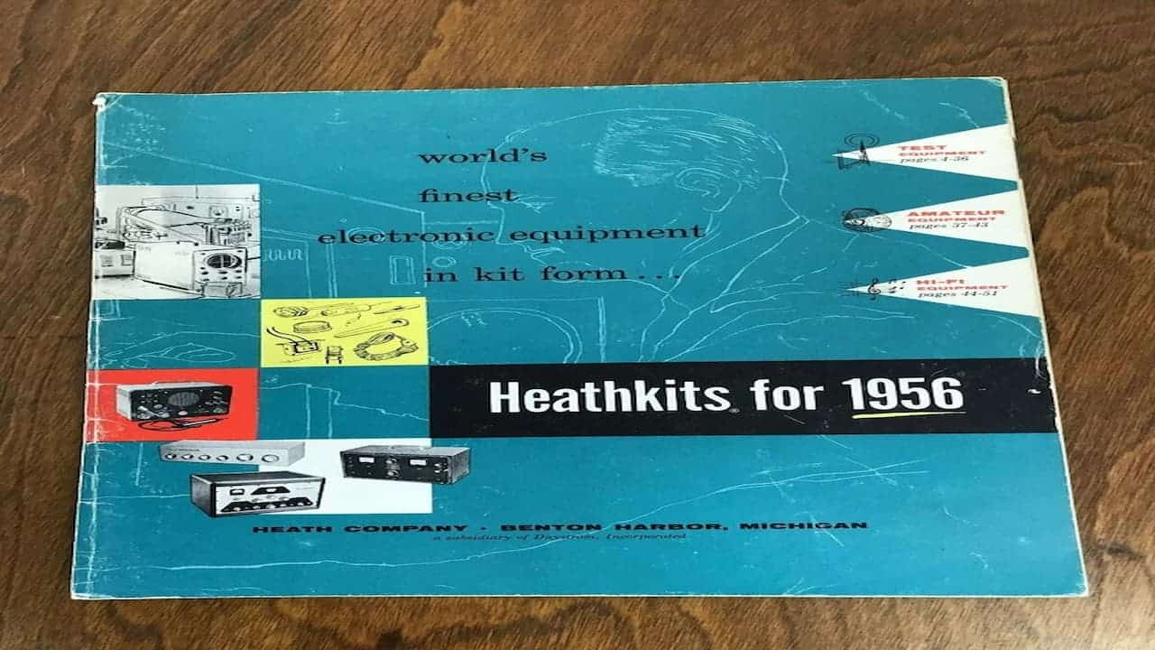 Vintage 1956 Heathkits catalog cover featuring turquoise background with electronic equipment illustrations and "world's finest electronic equipment in kit form" text