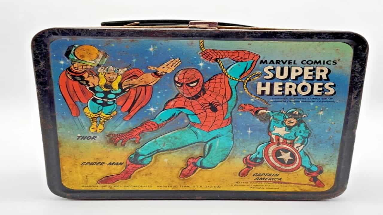 Vintage Superhero Collectible Lunch Boxes featuring Thor, Spider-Man, and Captain America on colorful background