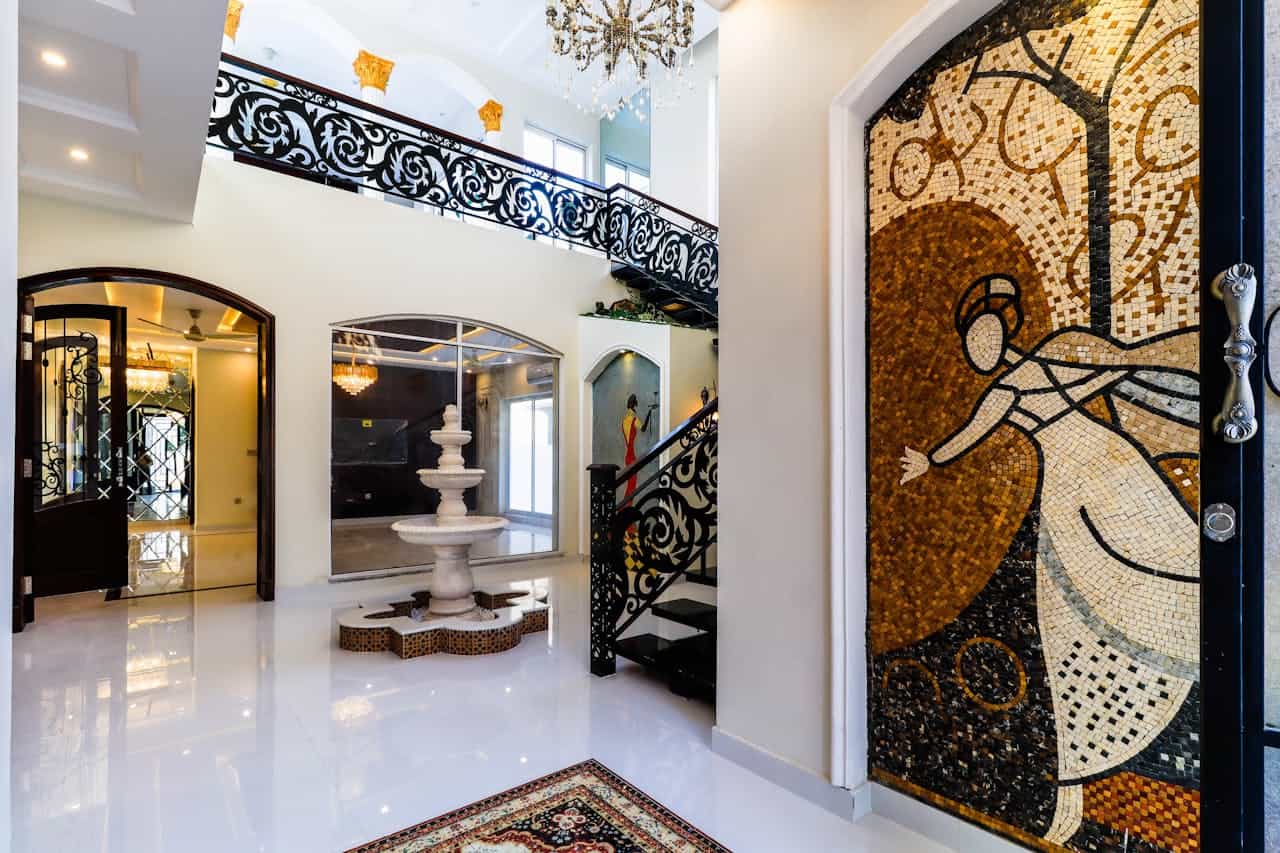 Interior of a Luxury House with Stained Glass Decorations and a Fountain