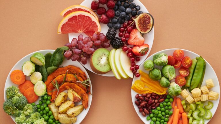 Top View of Plates Full of Fruits and Vegetables