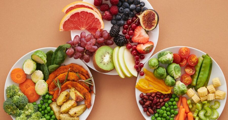 Top View of Plates Full of Fruits and Vegetables