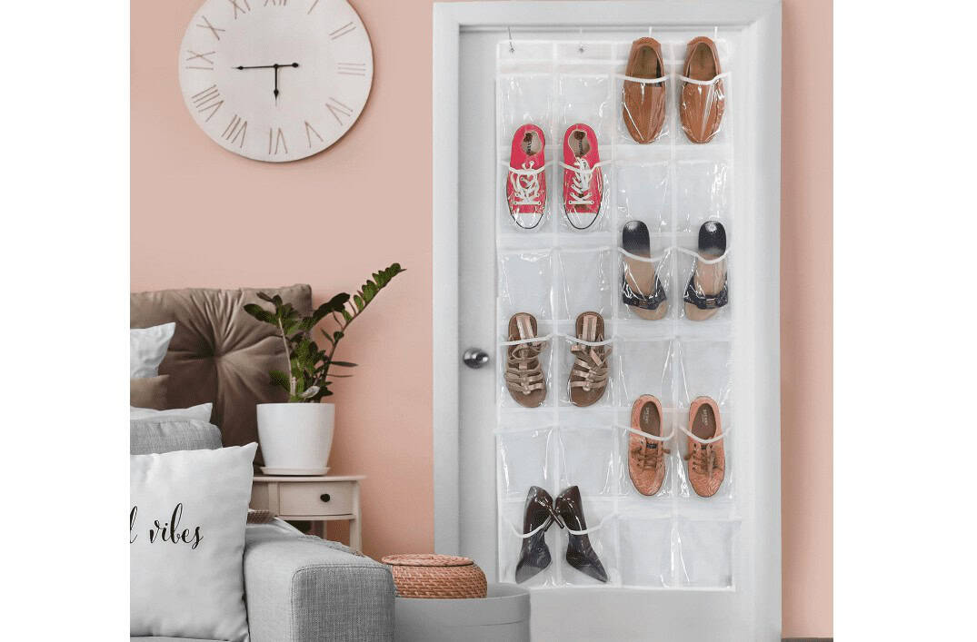Use clear pocket organizers that hang on the back of doors shoe