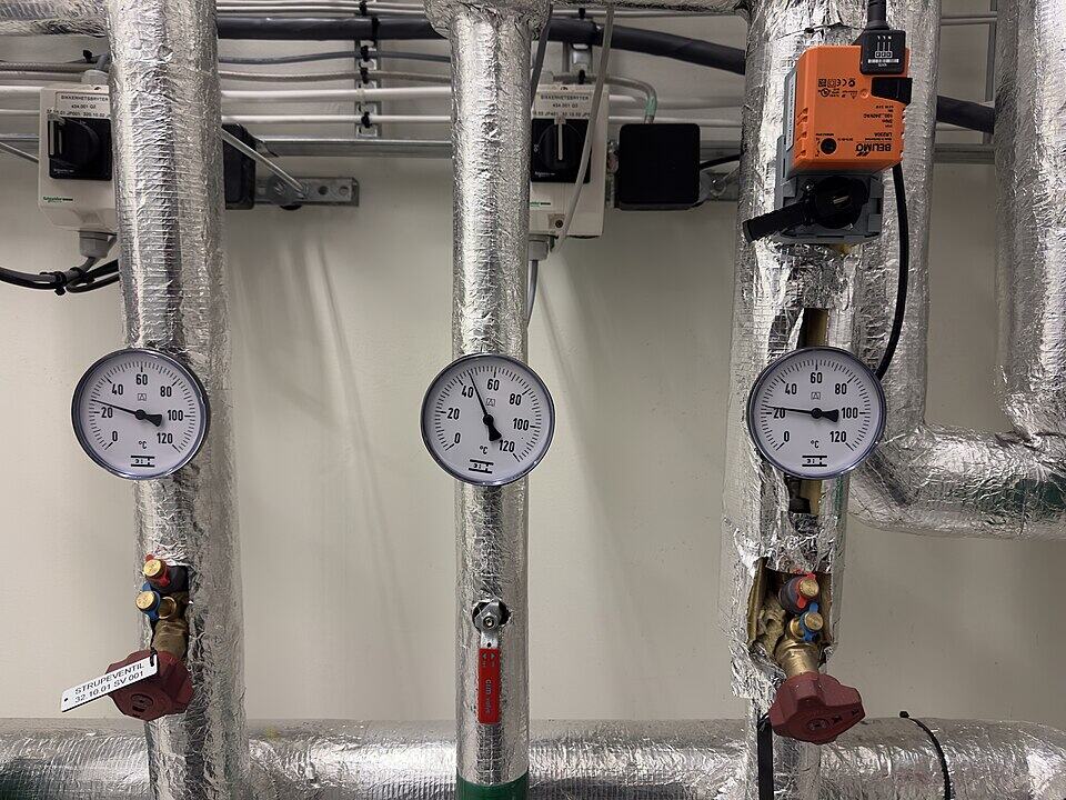 Machines and equipment in the mechanical room (machine room) of a school building in Lillehammer, Norway, with a generator for the heating system, ventilation and air conditioning. The room contains the following, among other things: Main distributors for the heating system and air handling, ventilation circuits, radiator circuits, underfloor heating circuits OSO water heater with a tank for hot water Insulated pipes with thermometers (measuring instruments, gauges with