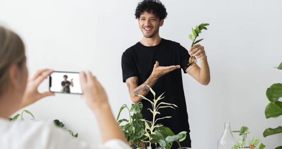 Small business live stream for plant shop. Garden influencers