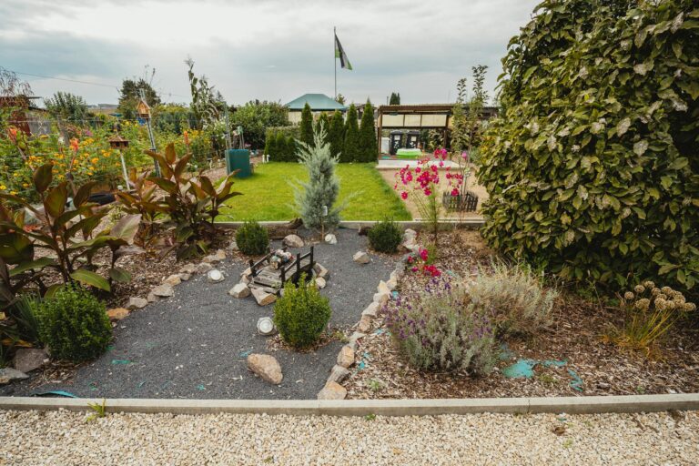 Explore a vibrant community garden featuring lush greenery, colorful flowers, and a quaint stone pathway.